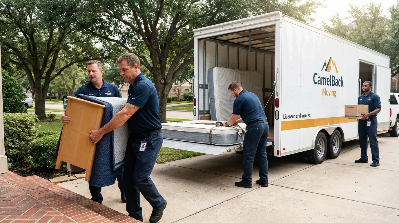 Crew loading residential truck for cross-state move from Newport, ME