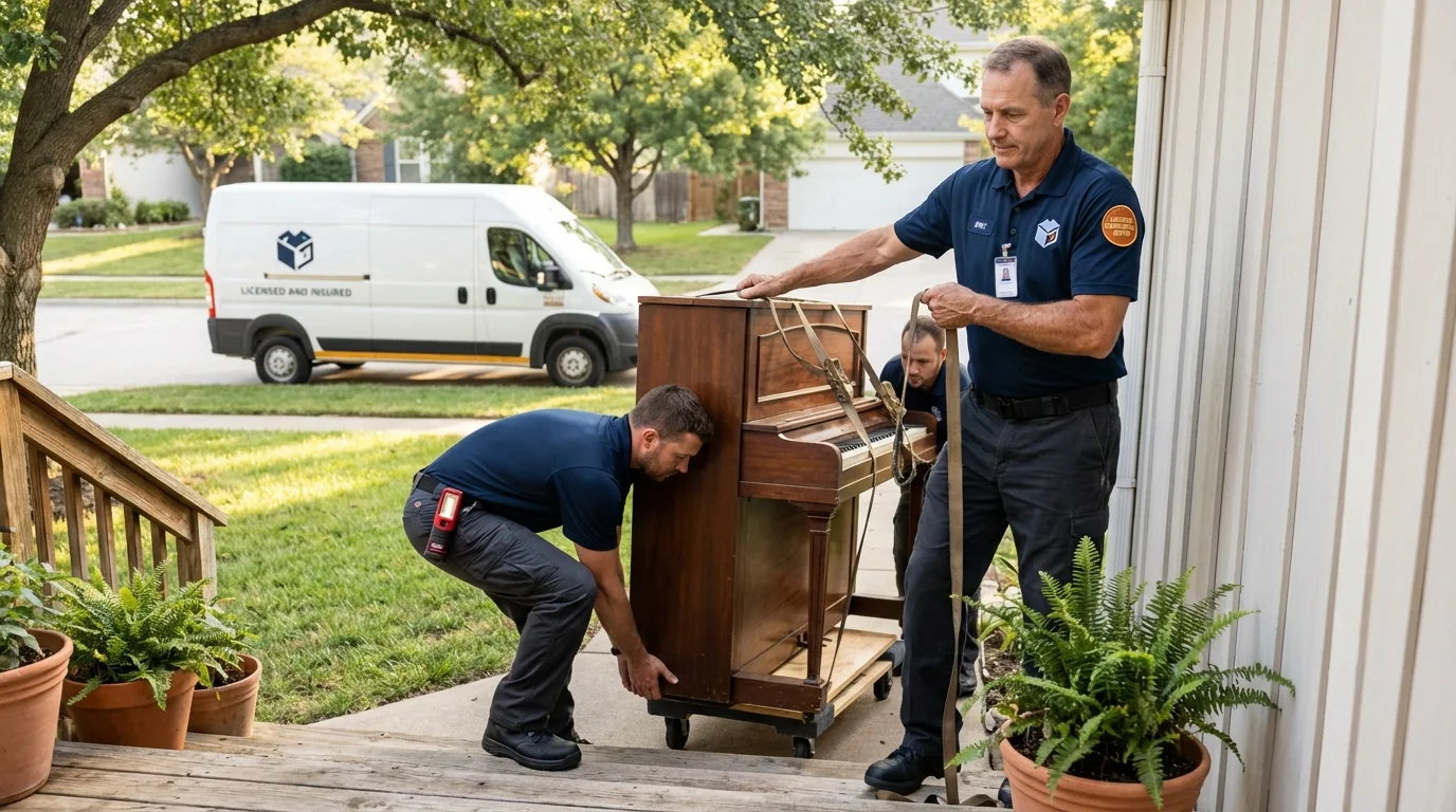 Licensed piano movers securing grand piano in Newport, ME