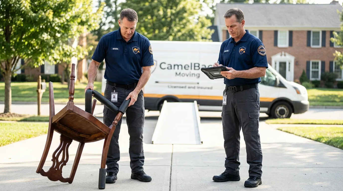 Movers inspecting furniture for damage prevention before loading in Newport, ME