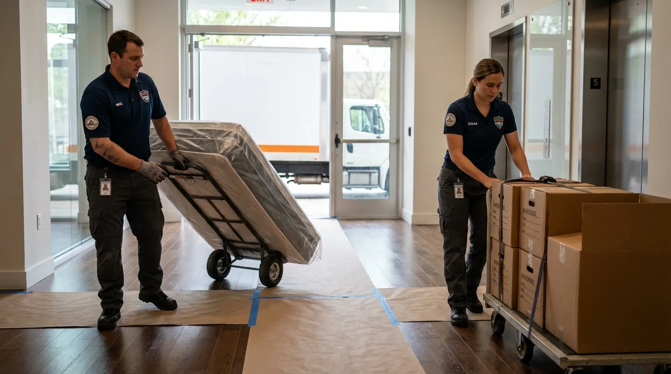 Professional apartment movers loading elevator in Newport, ME