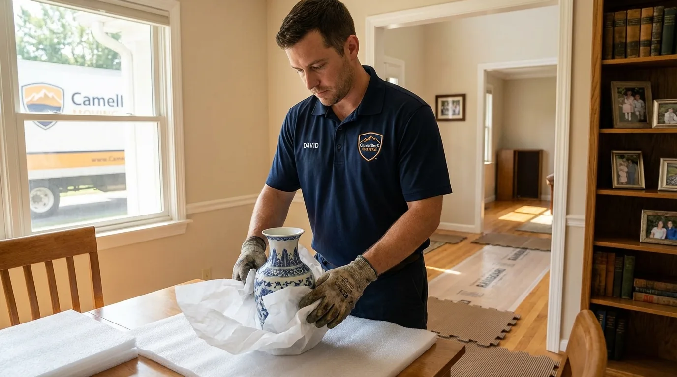 Professional crew carefully wrapping antique vase for senior downsizing move in Newport, ME