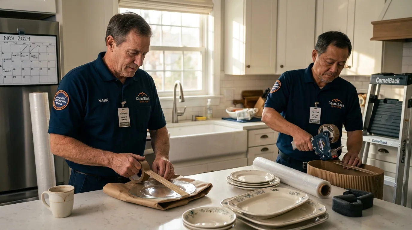 Professional crew packing kitchen dishware in Newport, ME